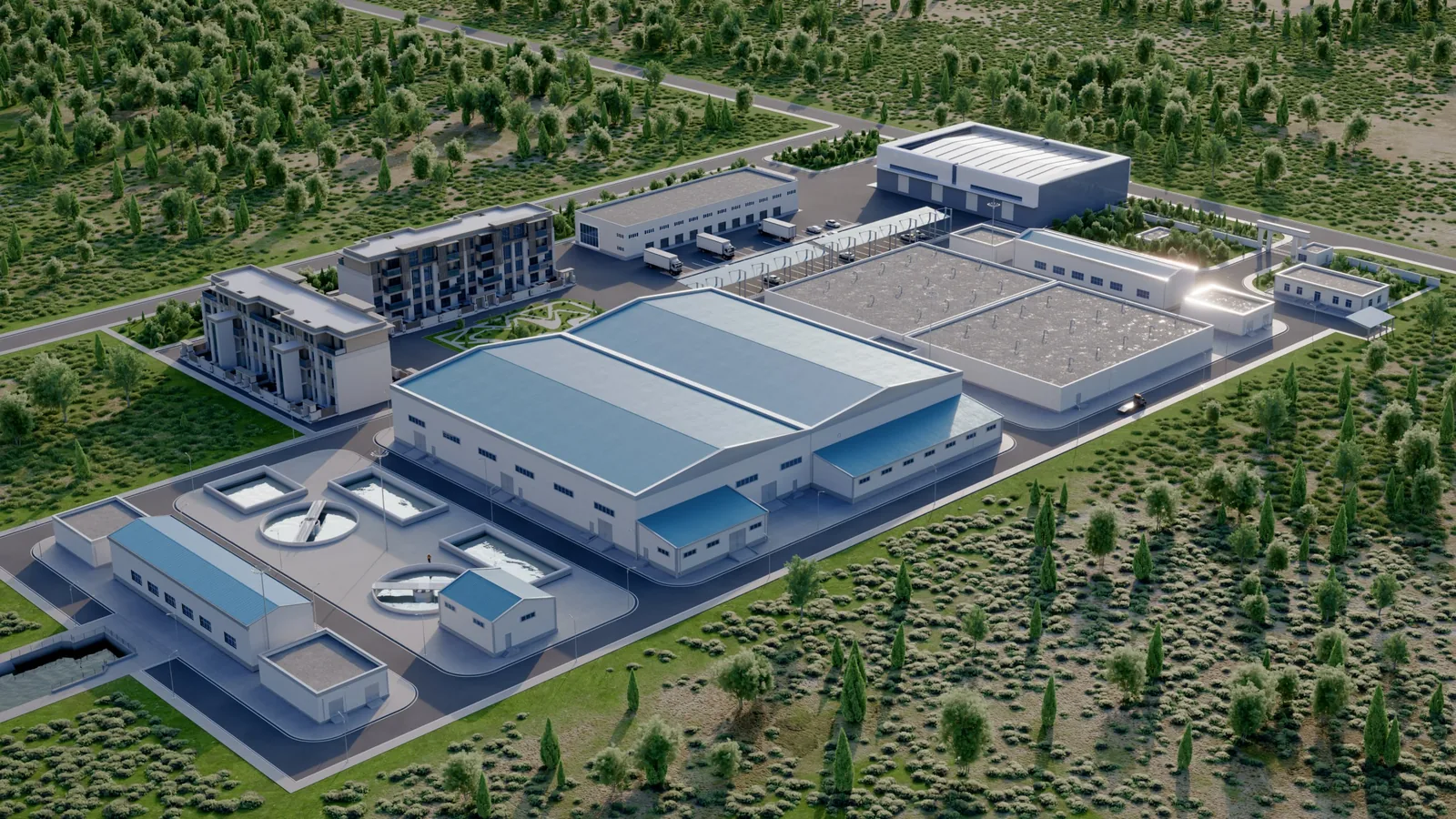 CLEAVIS render: aerial view of a water treatment plant and its site.
