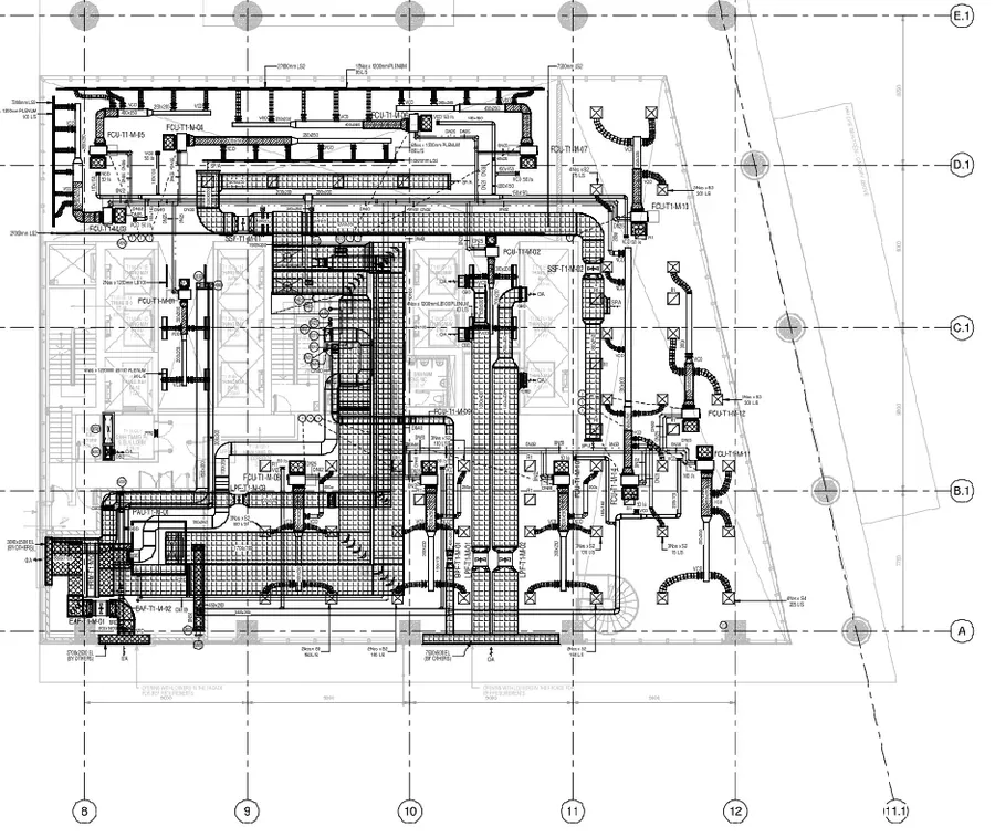 AutoCAD mezzanine floor plan: HVAC ductwork routed across a building level.