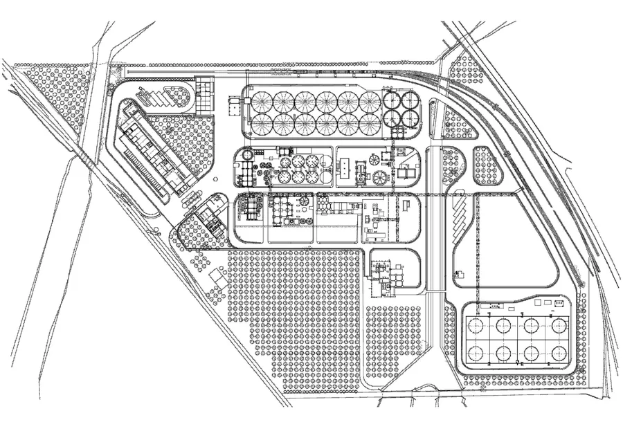 General site plan of a processing plant: tank farm, treatment basins and access roads.